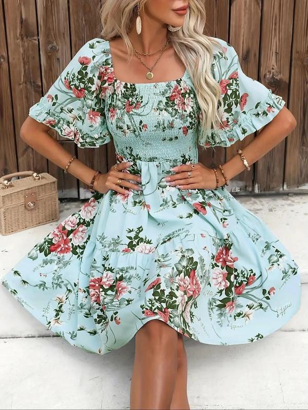 Women's Floral Print Ruffle Hem Shirred Vintage A Line Dress, Boho Romantic Flounce Sleeve Square Neck Short Dress for Beach Vacation Holiday, Frenchy Style Ladies Summer Clothes