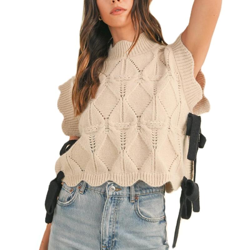 Women Y2k Bow Knot Cap Sleeve Knit Sweater Top Lace up Ribbon Crochet Sweater Vest Preppy Girl Mock Neck Knitted Tank Tops