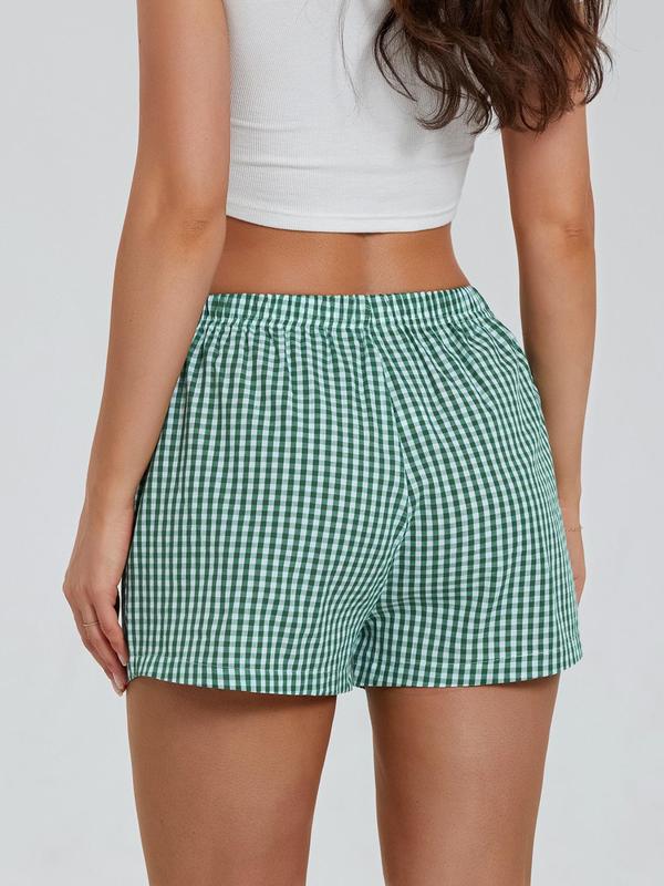 Women's Plaid Print Button Patched Straight Leg Shorts, Casual Comfy Elastic Waist Shorts for Summer, Fashion Women's Bottoms for Daily Wear, Gym Shorts Womenswear