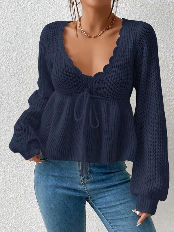 Women's Plain Drawstring Tie Front Scallop Trim Knit Top, Casual Bishop Sleeve Deep V Neck Knitwear for Fall & Winter, Knitwear for Fall and Winter, Fashion Ladies' Knit Tops for Women,  Birthday Gifts, Birthday Gifts 80s Fashion