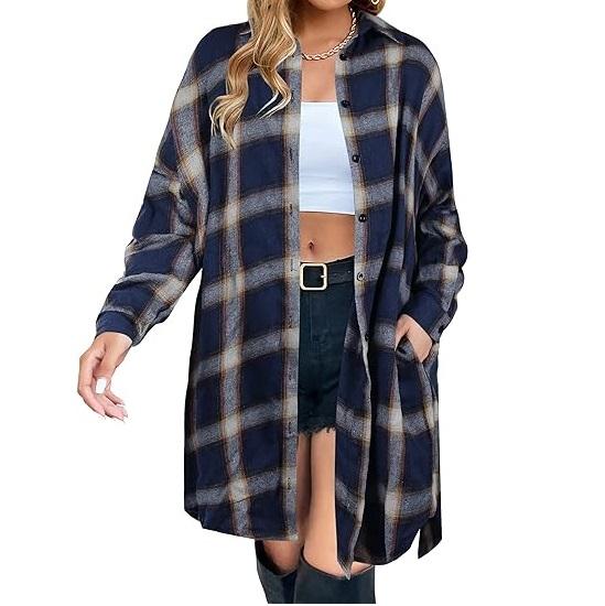 Blooming Jelly Women's Button Down Flannel Shirts Plaid Shacket Long Sleeve Collared Long Jacket Coats