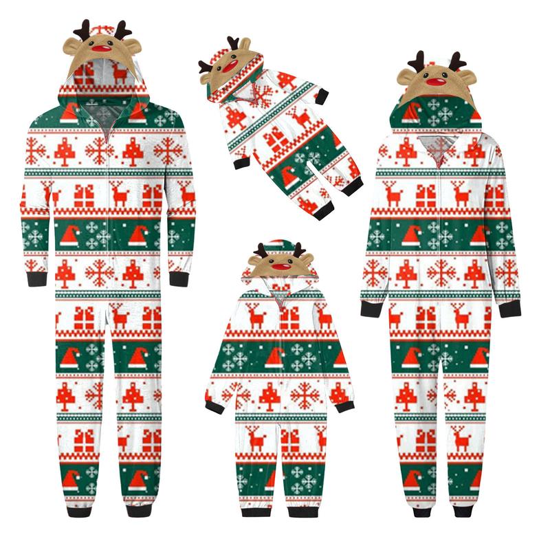 Matching Christmas Pajamas For Family, Long Sleeve Elk Christmas Tree Plaid Snowflake Print Hooded Jumpsuit Sleepwear