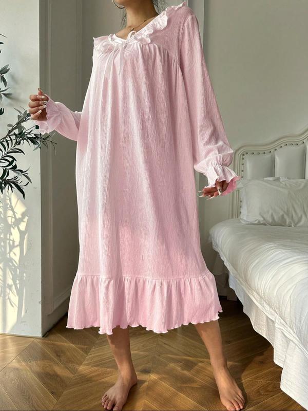 Women's Plain Bow Decor Ruffle Trim Flounce Sleeve Nightdress, Casual Long Sleeve V Neck Nightgown for Spring & Fall, Ladies Sleepwear for Indoor Wear