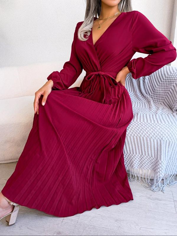 Women's Plain Wrap V Neck Belted Pleated Dress, Casual Bishop Sleeve A Line Long Dress for Beach Holiday Vacation, Ladies Clothes for All Seasons