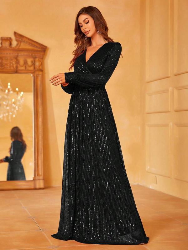 Women's Glitter Sequin V Neck Wrap A Line Evening Dress, Elegant Formal Wear, Bishop Sleeve Maxi Dress For Party & Banquet, Ladies's Clothes For All Seasons