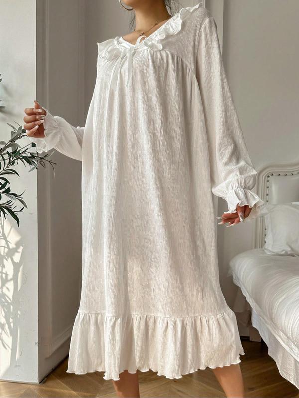 Women's Plain Bow Decor Ruffle Trim Flounce Sleeve Nightdress, Casual Long Sleeve V Neck Nightgown for Spring & Fall, Ladies Sleepwear for Indoor Wear