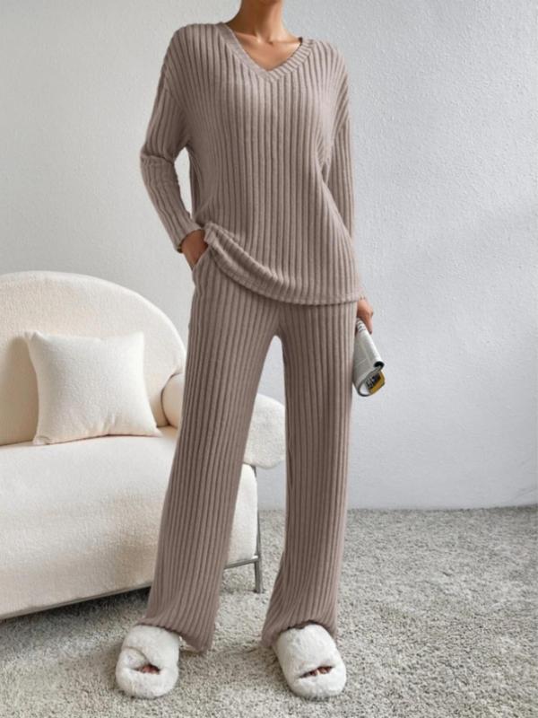 Women's Solid Ribbed Drop Shoulder Lounge Set, Casual Comfy Long Sleeve V Neck Top & Pocket Pants, Ladies Sleepwear for Fall & Winter