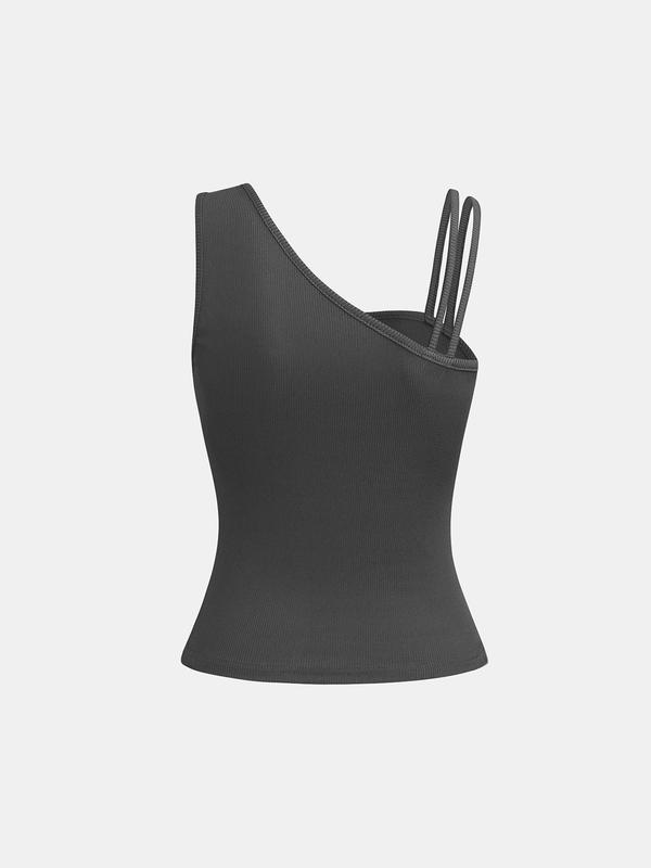 YOZY [3 colors] Plain Asymmetrical Neck Tank Top  Casual Sleeveless Ribbed Top, 2024 Women's Summer Outfits for Daily Wear