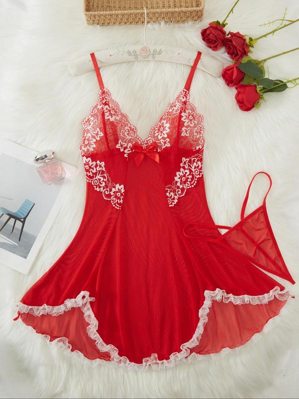 Women's Contrast Lace Cami Nightdress & Thong Sexy Lingerie Set, Sexy Comfy Mesh Nightgown & Panty Set, Women's Lingerie & Underwear for All Seasons