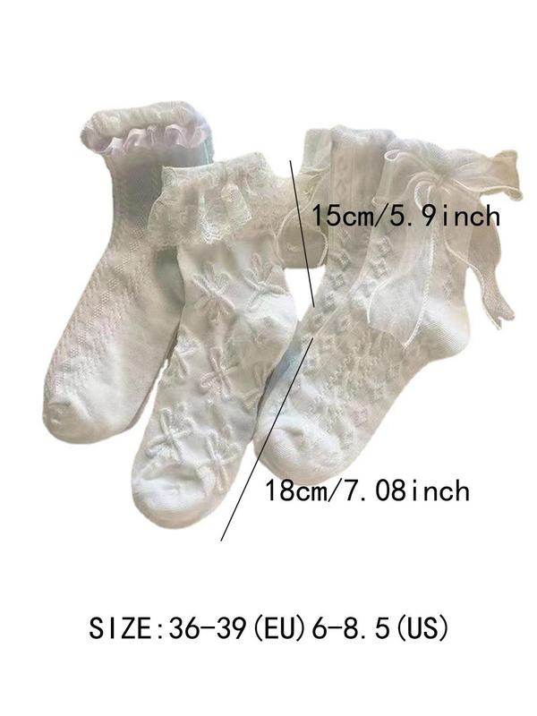 Women's Jacquard Contrast Lace Ruffle Trim Crew Socks, Cute Fashion Casual Bow Decor Socks for Daily Outdoor Wear, Ladies Socks for All Seasons