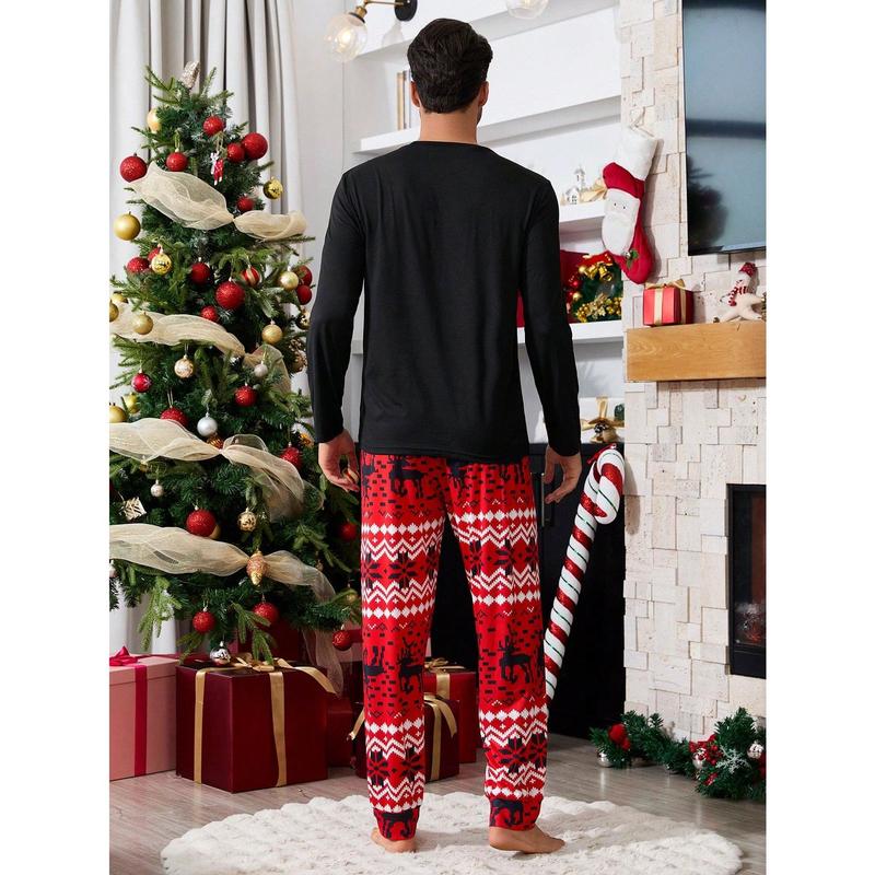 Shein CoupledUp Contrast Color Pocket Christmas Print Men Pajama Set Couple happy christmas matching christmas pajamas Wife family christmas pajamas Christmas Wife Fabric Long Sleeve Fabric Long Sleeve