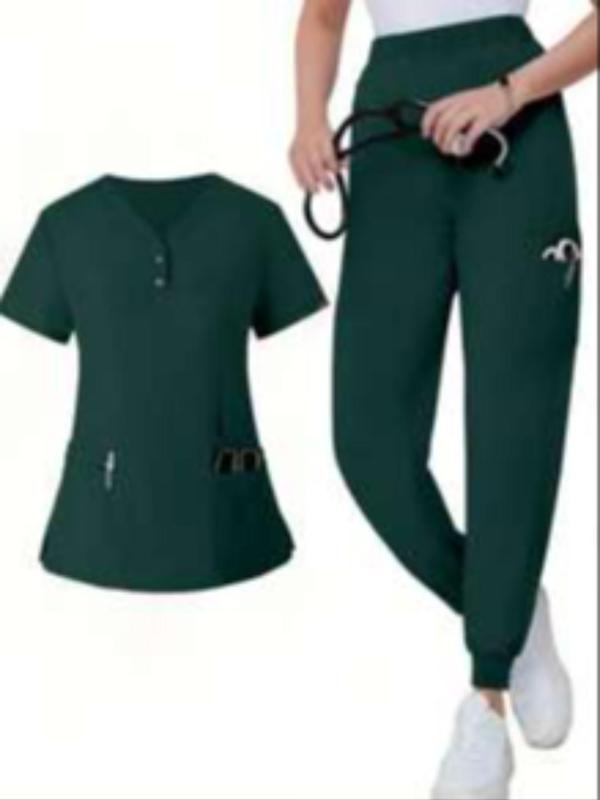 Two-Piece Set Women's Plain Letter Patched Tee & Pants, V Neck Tee & Elastic Waist Pants Set, Casual Pocket Split Hem Top & Trousers, Nurse Uniform for Summer