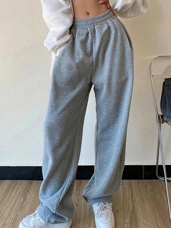 Women's Solid Color Elastic Waist Sweatpants, Casual Comfy Pocket Pants for Daily Wear, Pants for Women, Ladies Bottoms for Fall & Winter