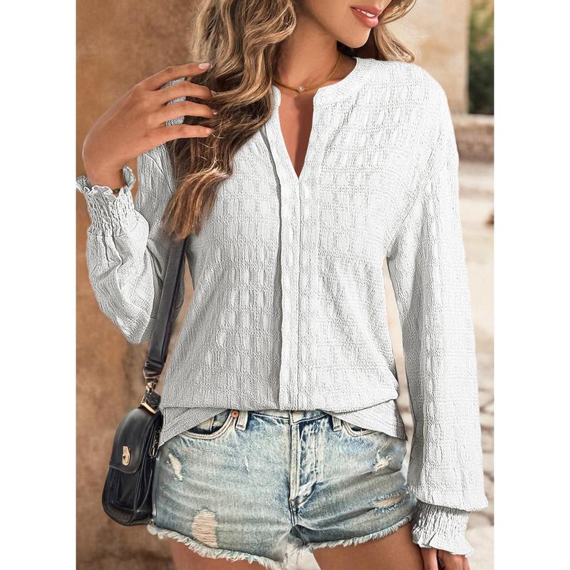 Dokotoo Long Sleeve Shirts for Women Casual Fall V Neck Tops Loose Solid Color Textured Tees Blouses