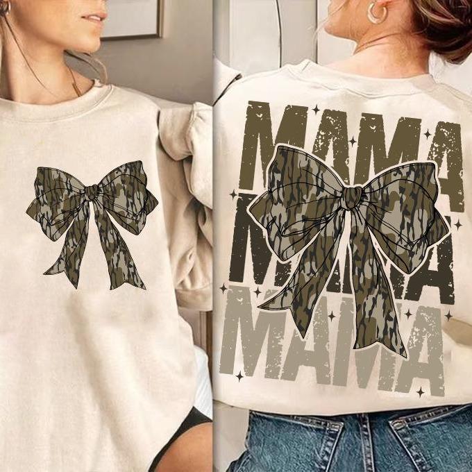 Mama Camo Coquette Bow Oversized Print 2 Sides Sweatshirt, Old School Camo Shirt, Girls Camo Bow Tee, Retro Hunting, Coquette Bow, Camo Dude