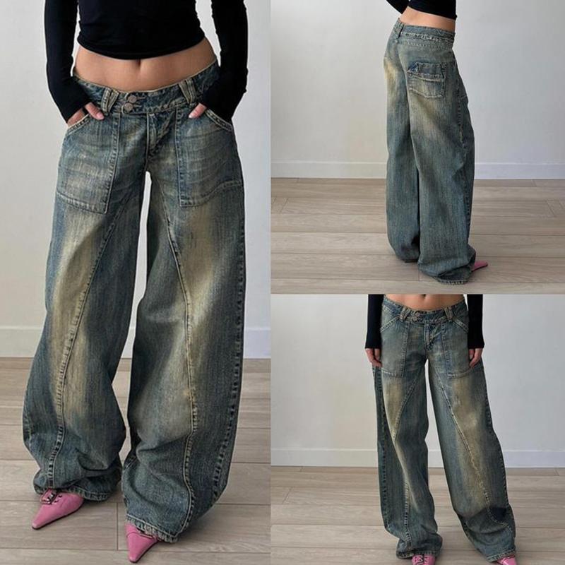 Women Vintage Denim Washed Jeans Pockets Low-Rise Baggy Full Length Pull-On Trousers, Ladies Clothes for Daily Wear Cotton Womenswear