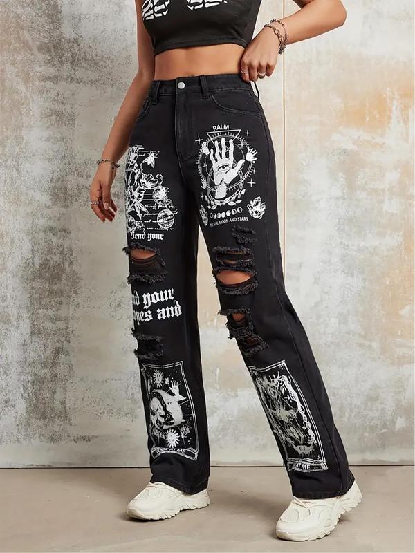 Women's Ripped Graphic Print High Waist Jeans, Fashion Pants Casual Pocket Button Straight Leg Denim Trousers for Daily Outdoor Wear, Women Denim for All Seasons, Jeans for Women, Downtown Girl Clothes