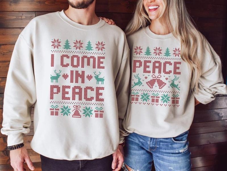 Matching Couples Ugly Christmas Sweatshirt, Matching 'I Come In Peace' Xmas Sweatshirts, Holiday Party Humor, Funny Christmas Party Outfit