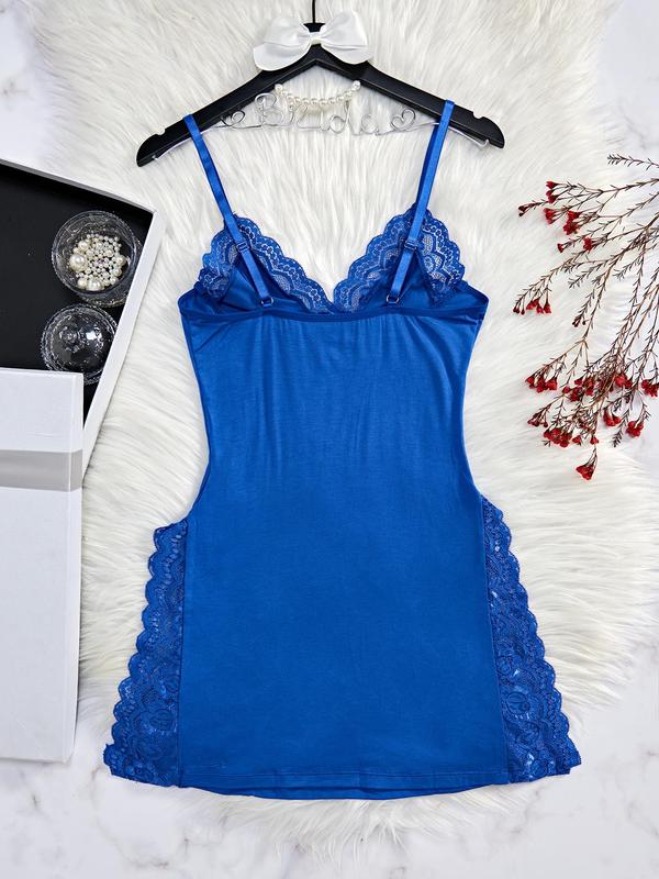 Women's Plain Contrast Lace Bow Decor Cami Nightdress, Adjustable Spaghetti Strap Split Hem Backless Nightgown Sleep Dress, Soft Comfortable Sleepwear for Women