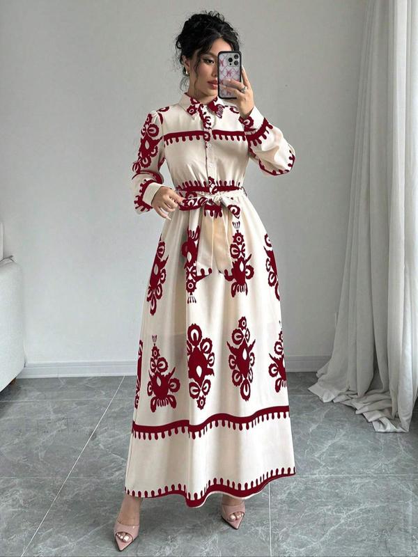 Women's Floral Print Button Front Belted Long Sleeves Shirt Dress, Boho Long Sleeve Collared Dress for Fall & Winter, Women's Clothes for Daily Wear