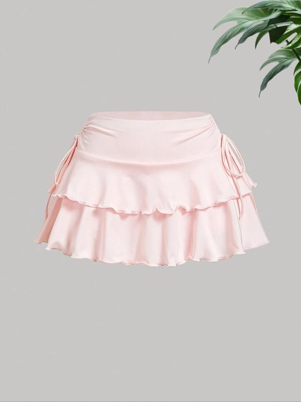 Women's Solid Tiered Layer Ruffle Hem A Line Skirt, Cute Fashion Casual Tie Side Short Skirt for Daily Outdoor Wear, Ladies Bottoms for Summer Downtown Girl Clothes