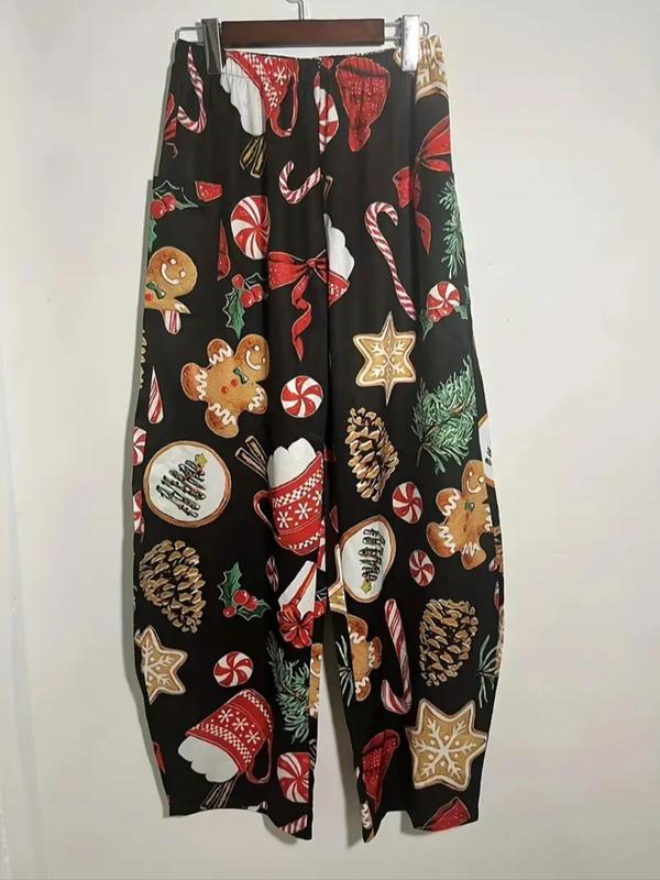  Christmas Print Pocket Elastic Waist Pants, Casual Comfy Wide Leg Trousers for Daily Holiday Vacation Wear, Pants for Women, Women's Bottoms for Fall & Winter