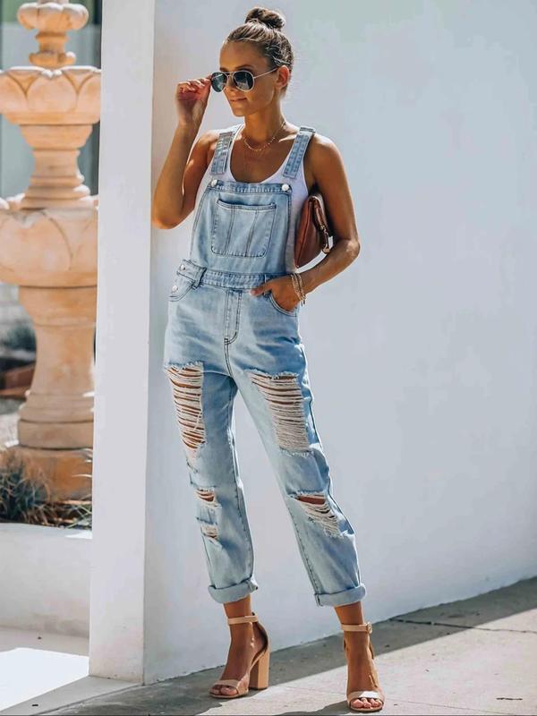  Solid Color Ripped Pocket Denim Overalls, Casual Fashionable Adjustable Strape Overalls Jumpsuit for Daily Wear, Women's Clothing for Summer