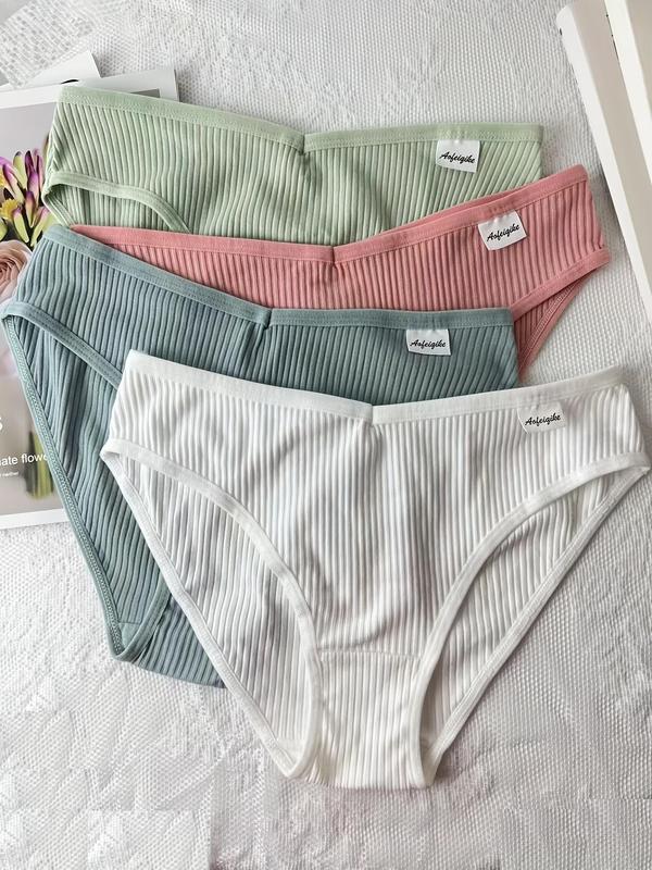 Women's Solid Color Ribbed Panty, Korean Style Wear, 4pcs Casual Comfy Breathable Letter Patched Knicker for Daily Wear, Panties for Women, Women's Underwear for All Seasons, Korean Streetwear, Underwear for Women