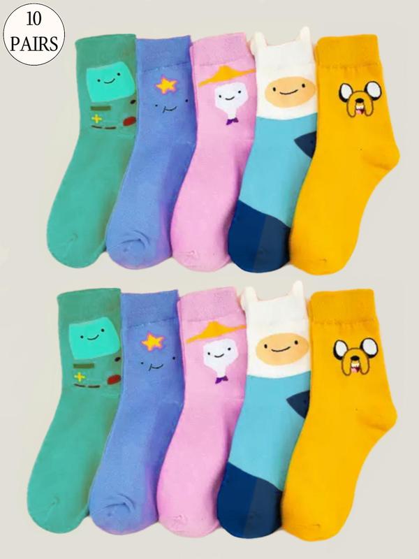 Women's Cartoon Adventure Time Print Mid-calf Socks, 10 Pairs Cute Comfortable Breathable Socks for Daily Wear, Women's Socks for All Seasons