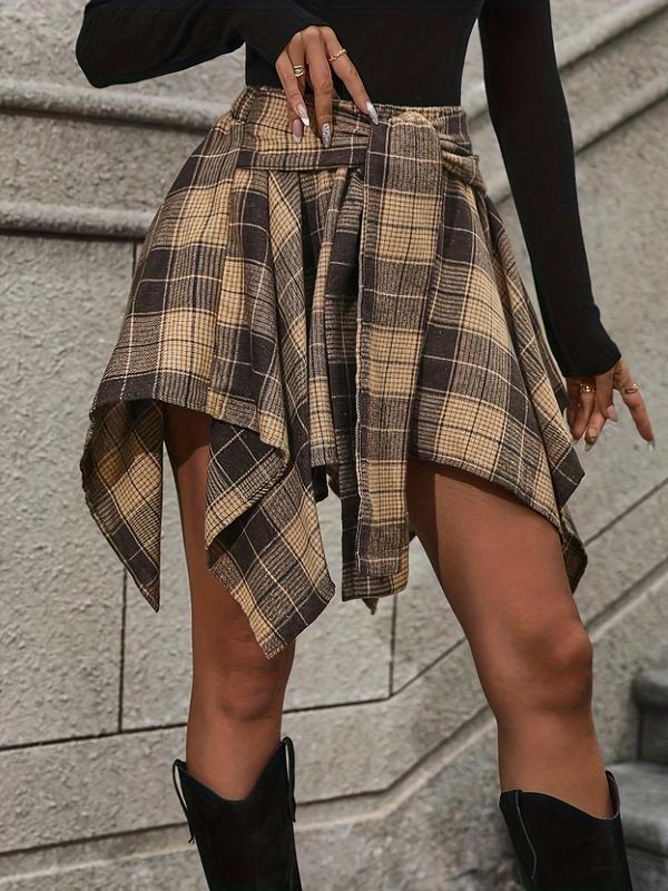 Women's Plaid Print Belted Asymmetrical Hem Flared Skirt, Casual High Waist Short Skirt for Daily Wear, Ladies Bottoms for All Seasons