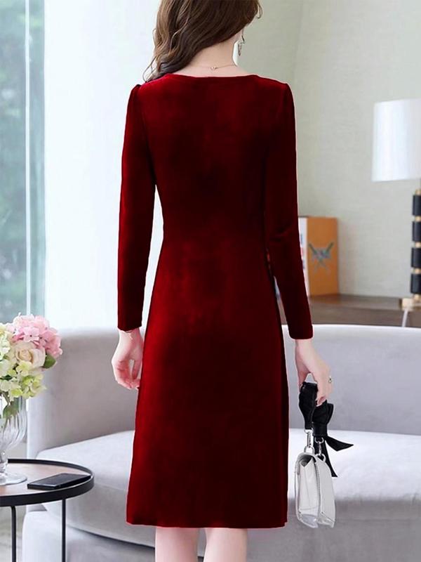 Women's Plain Ruched Wrap V Neck Velvet Dress, Elegant Long Sleeve Midi Dress for Party Holiday Wedding Guest, Ladies Clothes for All Seasons