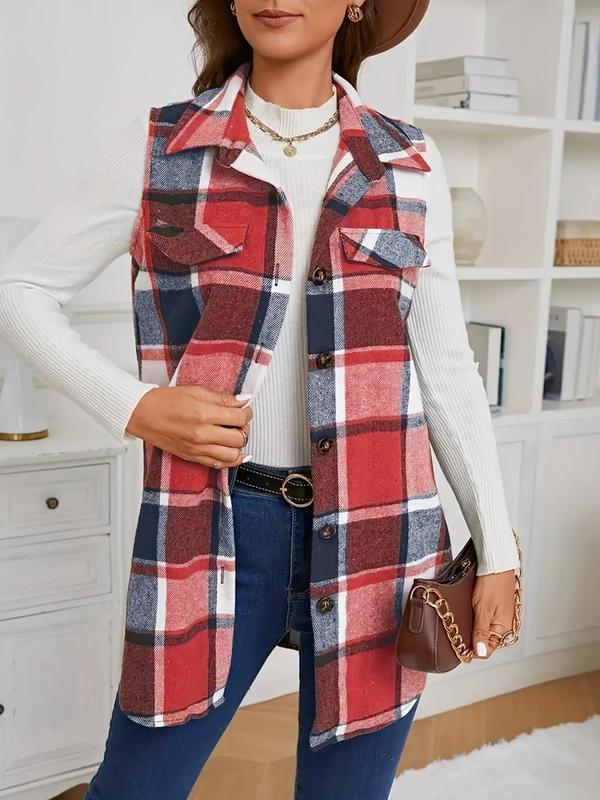 Women's Plaid Print Button Front Pocket Vest Coat, Casual Sleeveless Collared Outerwear for Spring & Fall, Ladies Clothes for Daily Wear