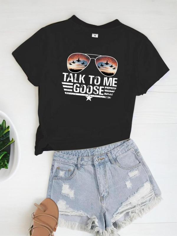 Women's Glasses & Letter Print Round Neck Tee, Summer Clothes Women, Short Sleeve Graphic T-shirt for Summer, Vintage Graphic Tee, Women's Summer Top for Daily Wear