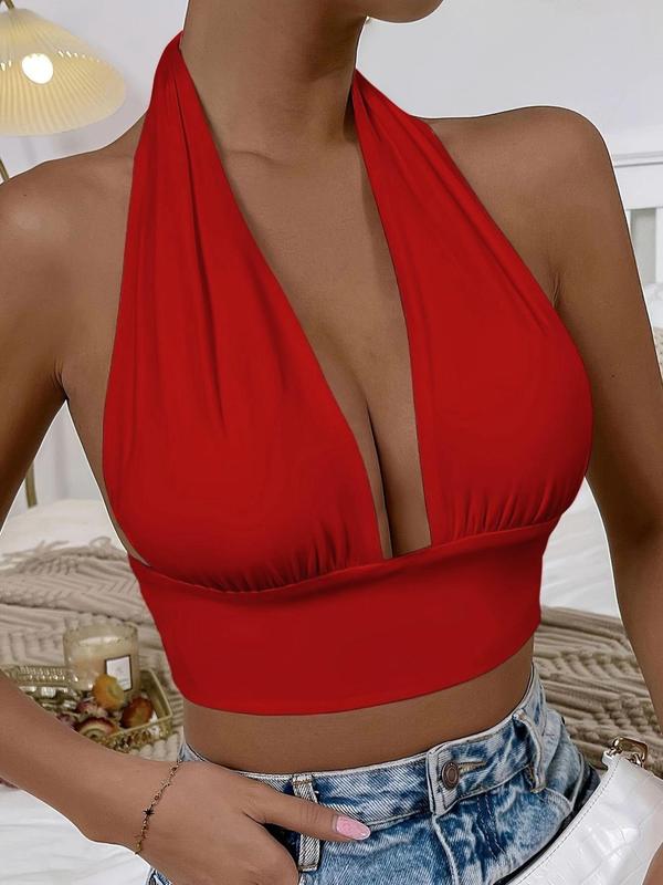 Women's Backless Tie Back Top, Casual Ruched Halter Neck Top, Summer Clothes Women, Ladies Clothes for Daily Wear