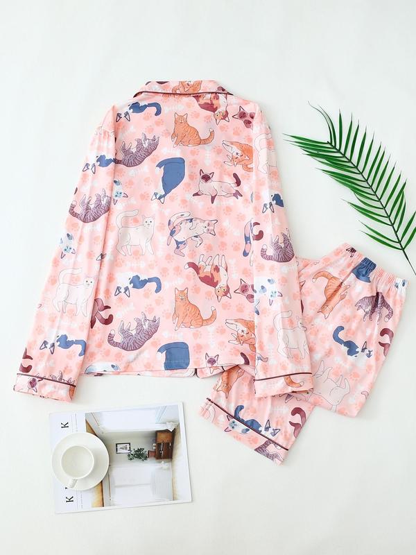 Women's All Over Cat Print Button Front Pocket Shirt & Elastic Waist Pants Pyjama Two-piece Set, Casual Comfy Long Sleeve Collared Top & Trousers PJ Set, Women's Sleepwear for Spring & Fall