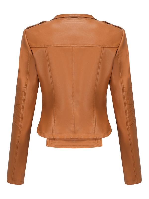 Women's Solid Color Zipper Pocket Faux Leather Jacket, Casual Long Sleeve Lapel Outerwear for Spring & Fall, Ladies Clothes for Daily Wear