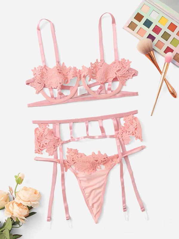 Women's Floral Embroidery Bra & Thong & Garter Belt Three-Piece Set, Sexy Comfy Breathable Lingerie Set for Daily Wear, Women's Underwear Set for All Seasons