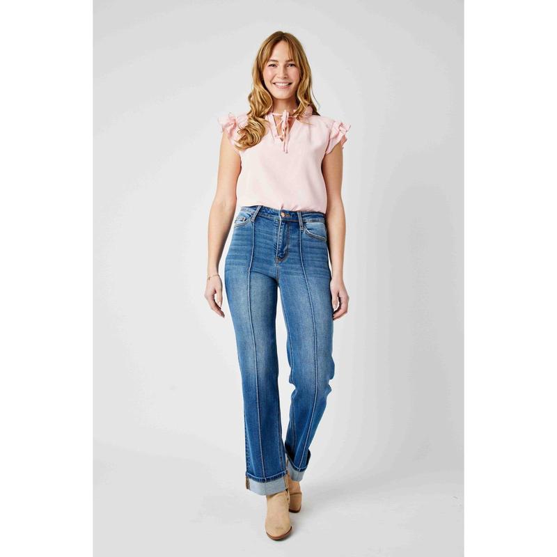 JUDY BLUE HI WAIST FRONT SEAM DETAIL & CUFFED STRAIGHT LEG JEANS