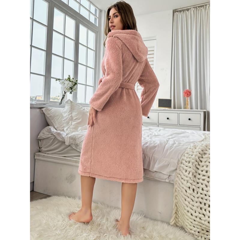 Cozy Fuzzy Hooded Bathrobe - Soft, Warm, and Plush Long Sleeve Lounge Robe with Deep Pockets and Adjustable Belt for Ultimate Comfort, Women's Sleepwear for Relaxation and Leisure