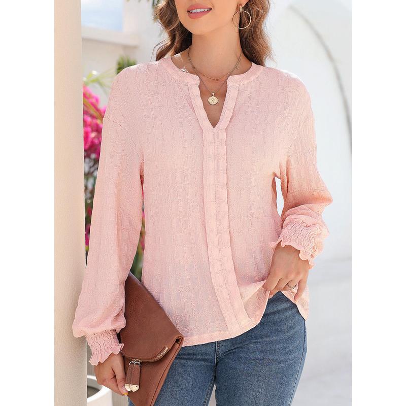 Dokotoo Long Sleeve Shirts for Women Casual Fall V Neck Tops Loose Solid Color Textured Tees Blouses