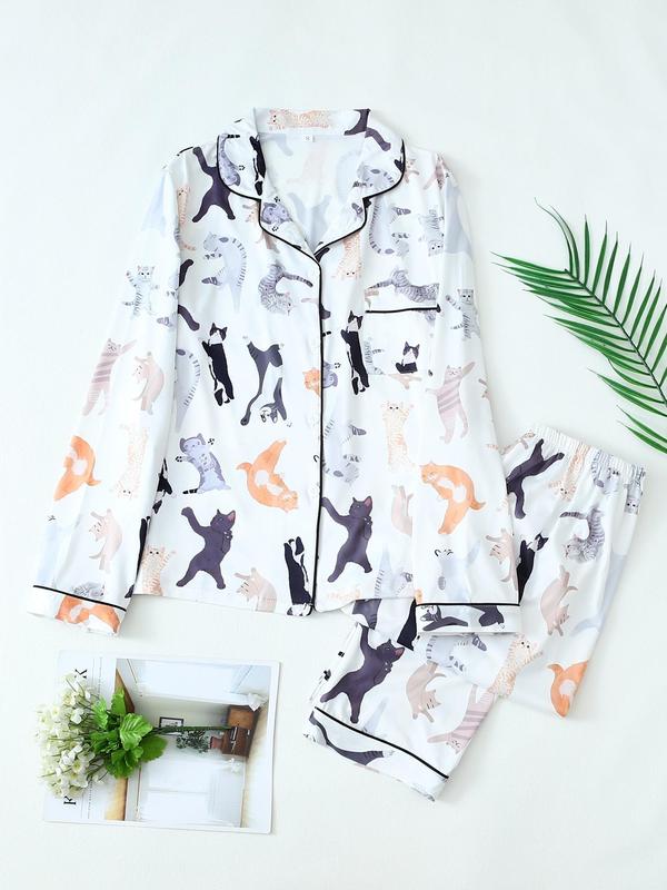 Women's All Over Cat Print Button Front Pocket Shirt & Elastic Waist Pants Pyjama Two-piece Set, Casual Comfy Long Sleeve Collared Top & Trousers PJ Set, Women's Sleepwear for Spring & Fall