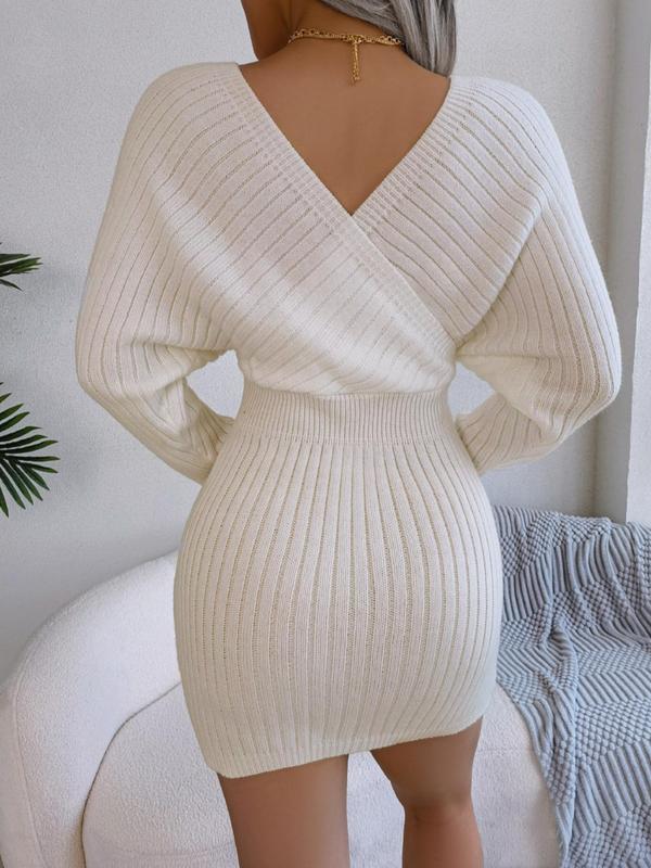 Women's Solid Color Basic Chic Plain Wrapped V Neck Leg-of-mutton Sleevesweater Dress, Comfort Casual Bodycon Fit Lady Minimalist Slim-fit Long Sleeve Bodycon Jumper Dress, Womenswear for Casual Wear