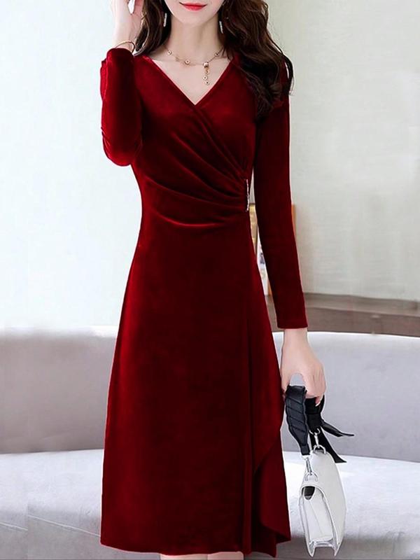 Women's Plain Ruched Wrap V Neck Velvet Dress, Elegant Long Sleeve Midi Dress for Party Holiday Wedding Guest, Ladies Clothes for All Seasons