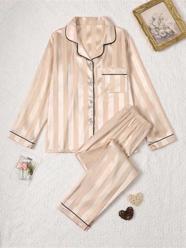 Two-Piece Set Women's Striped Print Button Front Pocket Shirt & Elastic Waist Pants Satin Pyjama, Long Sleeve Lapel Top & Trousers PJ Set, Women's Sleepwear for All Seasons