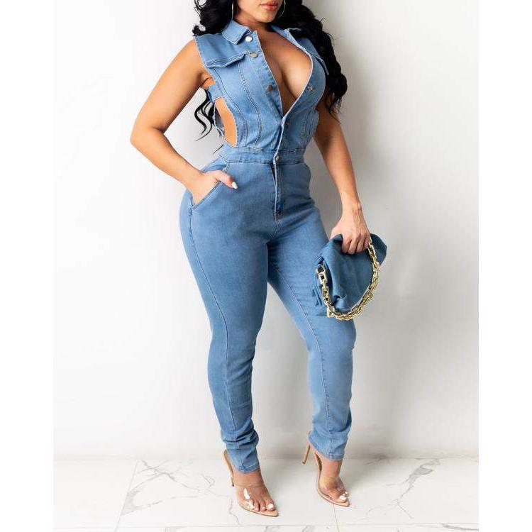 Pocket Button Design Cutout Denim Jumpsuit AH5987