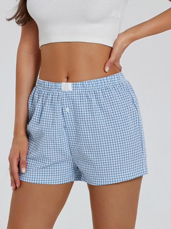 Women's Plaid Print Button Patched Straight Leg Shorts, Casual Comfy Elastic Waist Shorts for Summer, Fashion Women's Bottoms for Daily Wear, Gym Shorts Womenswear