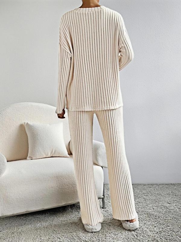 Women's Solid Ribbed Drop Shoulder Lounge Set, Casual Comfy Long Sleeve V Neck Top & Pocket Pants, Ladies Sleepwear for Fall & Winter