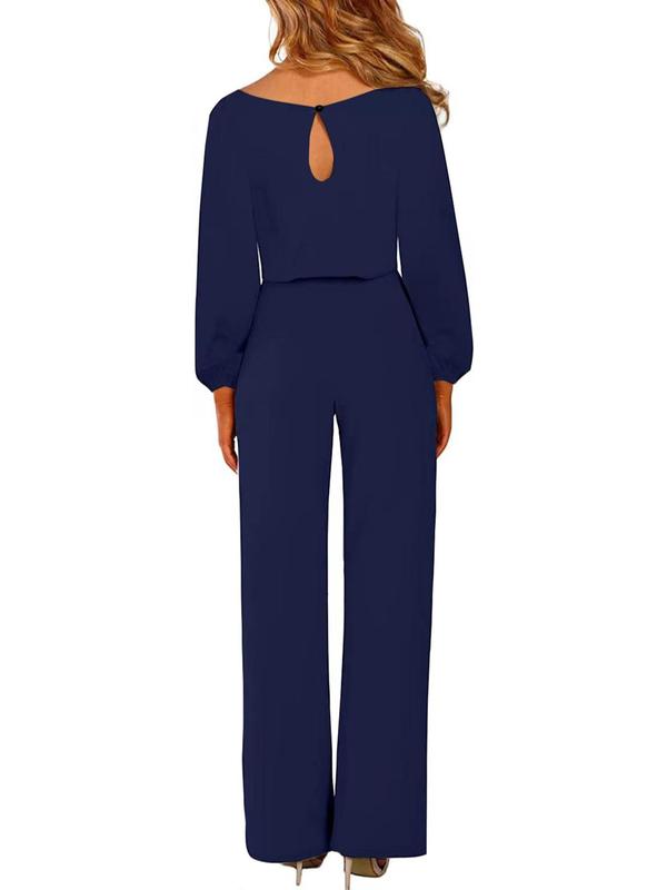 Women's Solid Color Belted Keyhole Neckline Jumpsuit, Elegant Bishop Sleeve Jumpsuit for Fall & Winter, Women's Clothes for Daily Wear