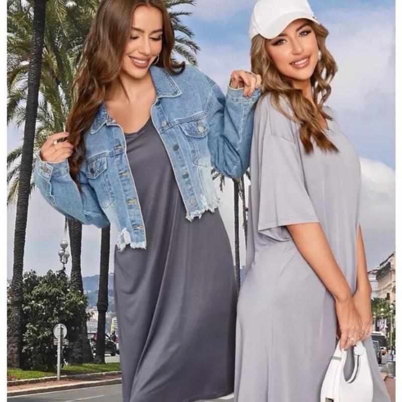 2-Pack Women Nightgowns Short Sleeve Dark & Light Grey Gray Oversized loungewear silky jersey material Dress nightwear silky