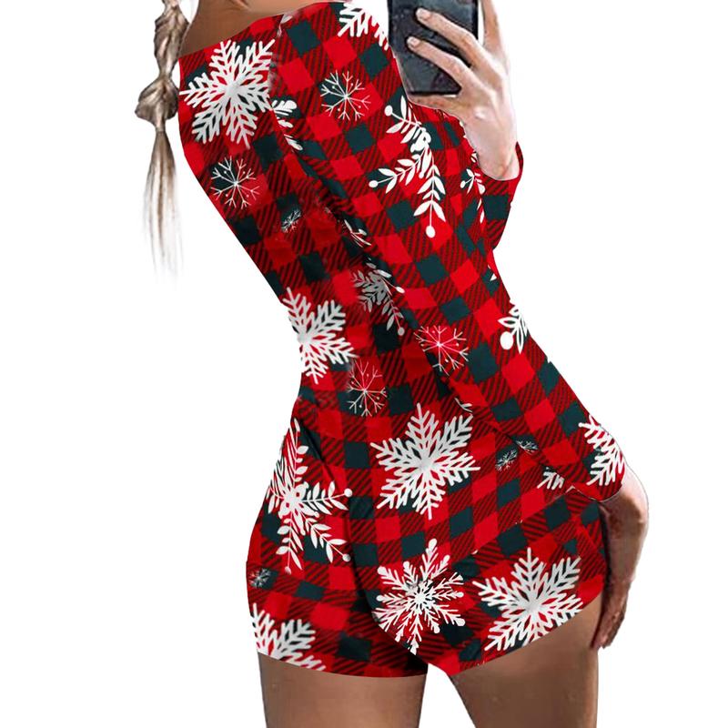 Women Christmas V-Neck Shorts Jumpsuit  Bodysuit Pajama Long Sleeve Bodycon Rompers Overall Xmas Playsuits Party Clubwear Women's Christmas